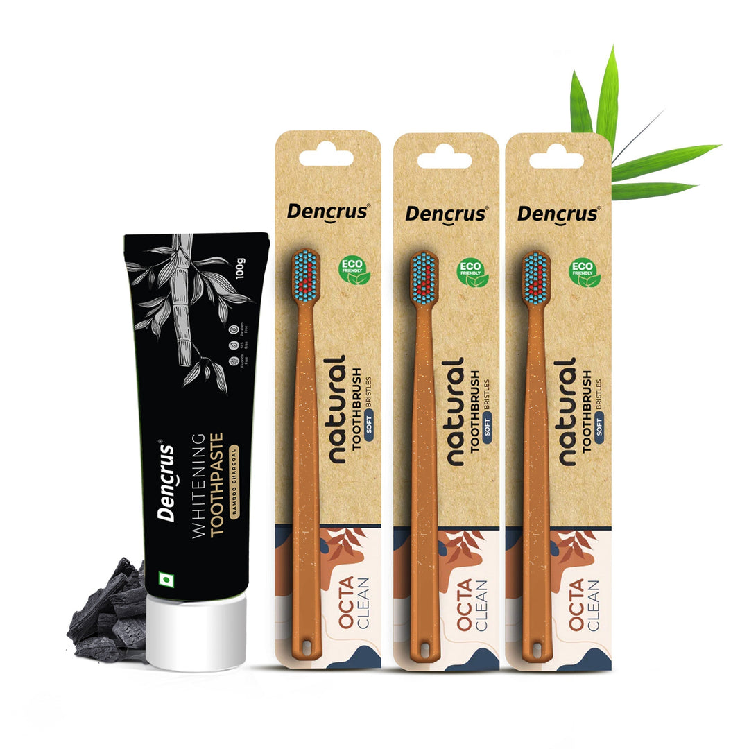 DENCRUS Charcoal Toothpaste & Octa Clean Bamboo Toothbrush | Oral Care Combo | Mint Freshness & Gentle Clean Combo - Suspire