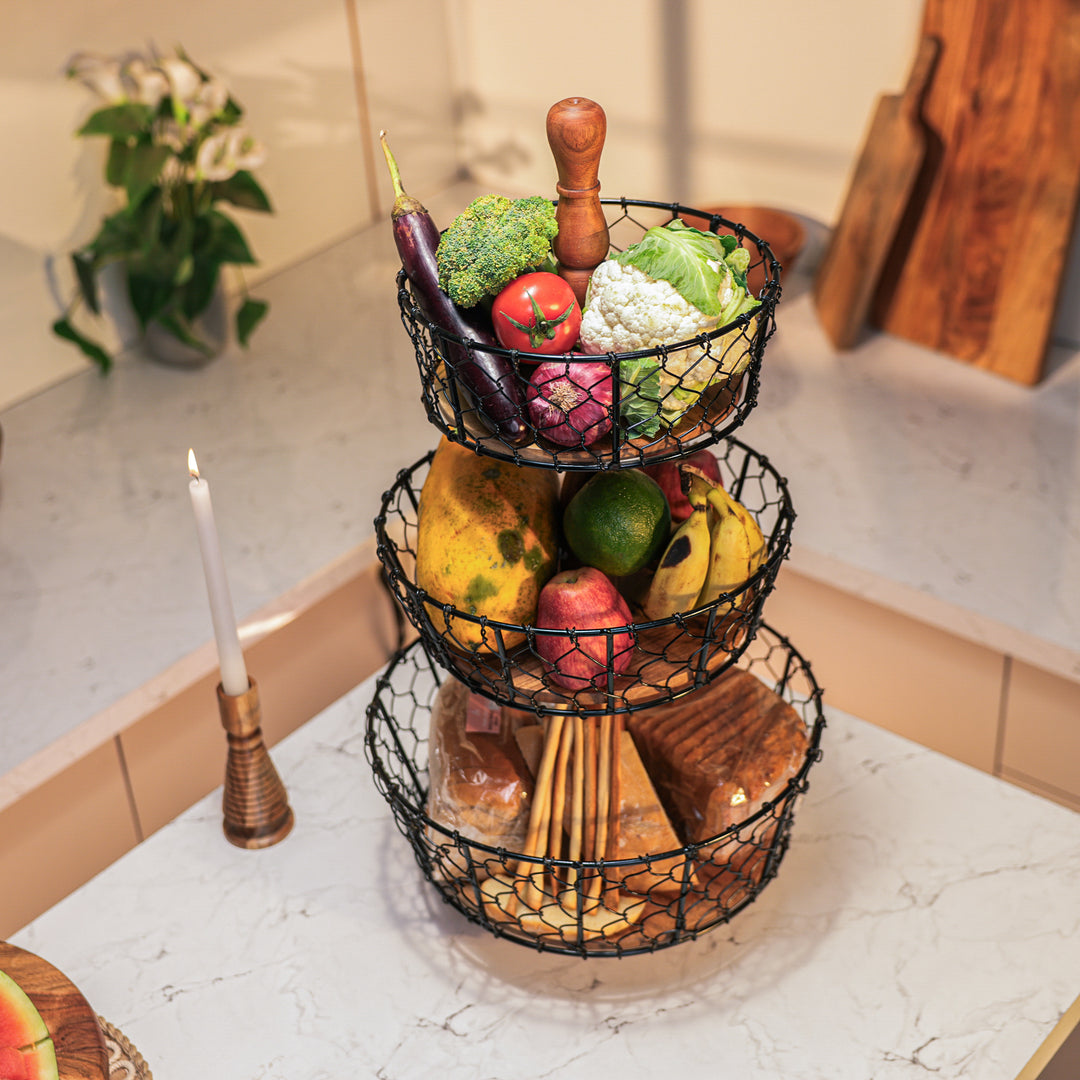 Ireka Homes Farmhouse Basket – Handcrafted Acacia Wood & Metal Storage Basket – Sturdy 3-Tier Organizer for Fruits, Vegetables & Kitchen Essentials
