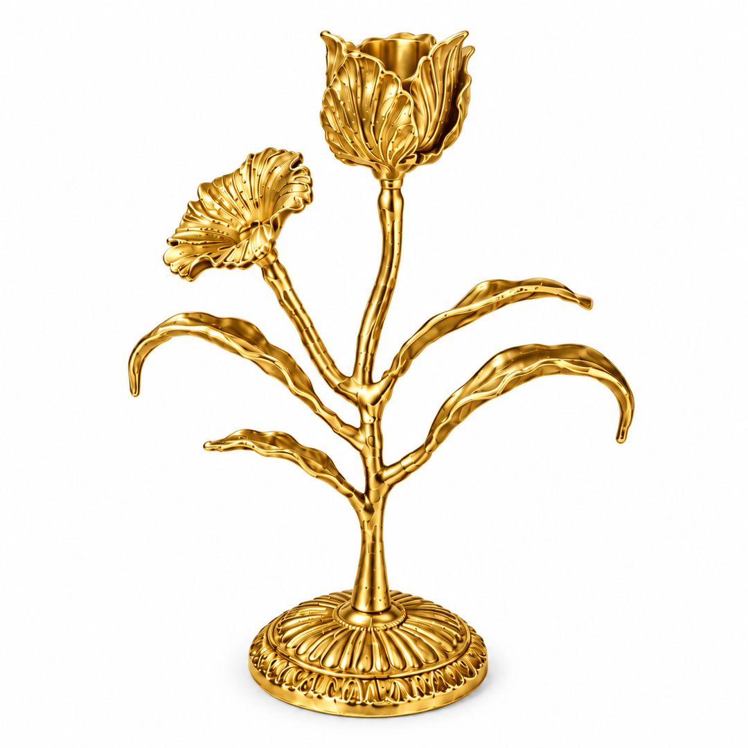 Malar Candle Stand | Blooming Tulip Brass Taper Candle Holder | Gold Brass Finish | Pravaah 