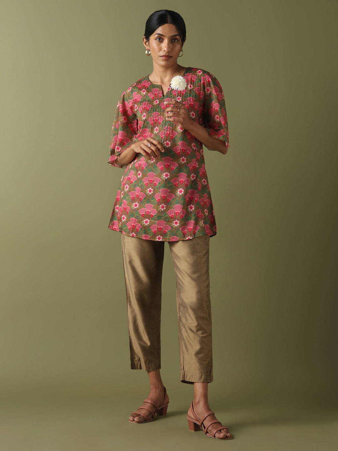 Dhwani Choksi Printed Pin Tucks Tunic - Olive - Suspire