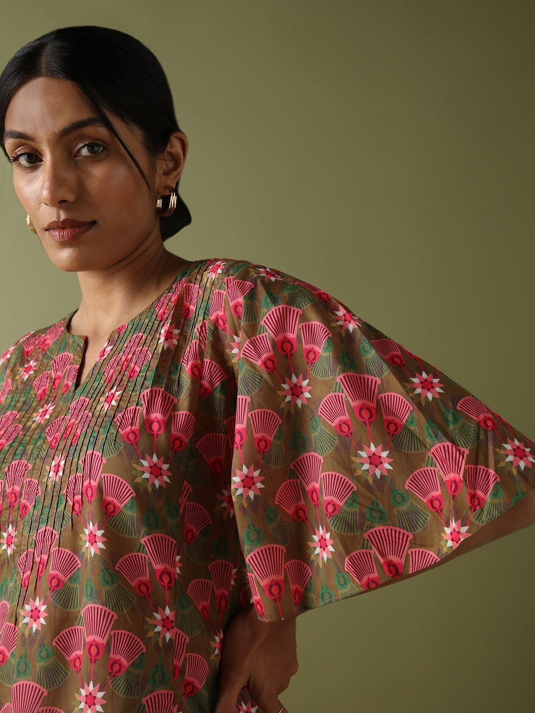 Dhwani Choksi Printed Pin Tucks Tunic - Olive - Suspire