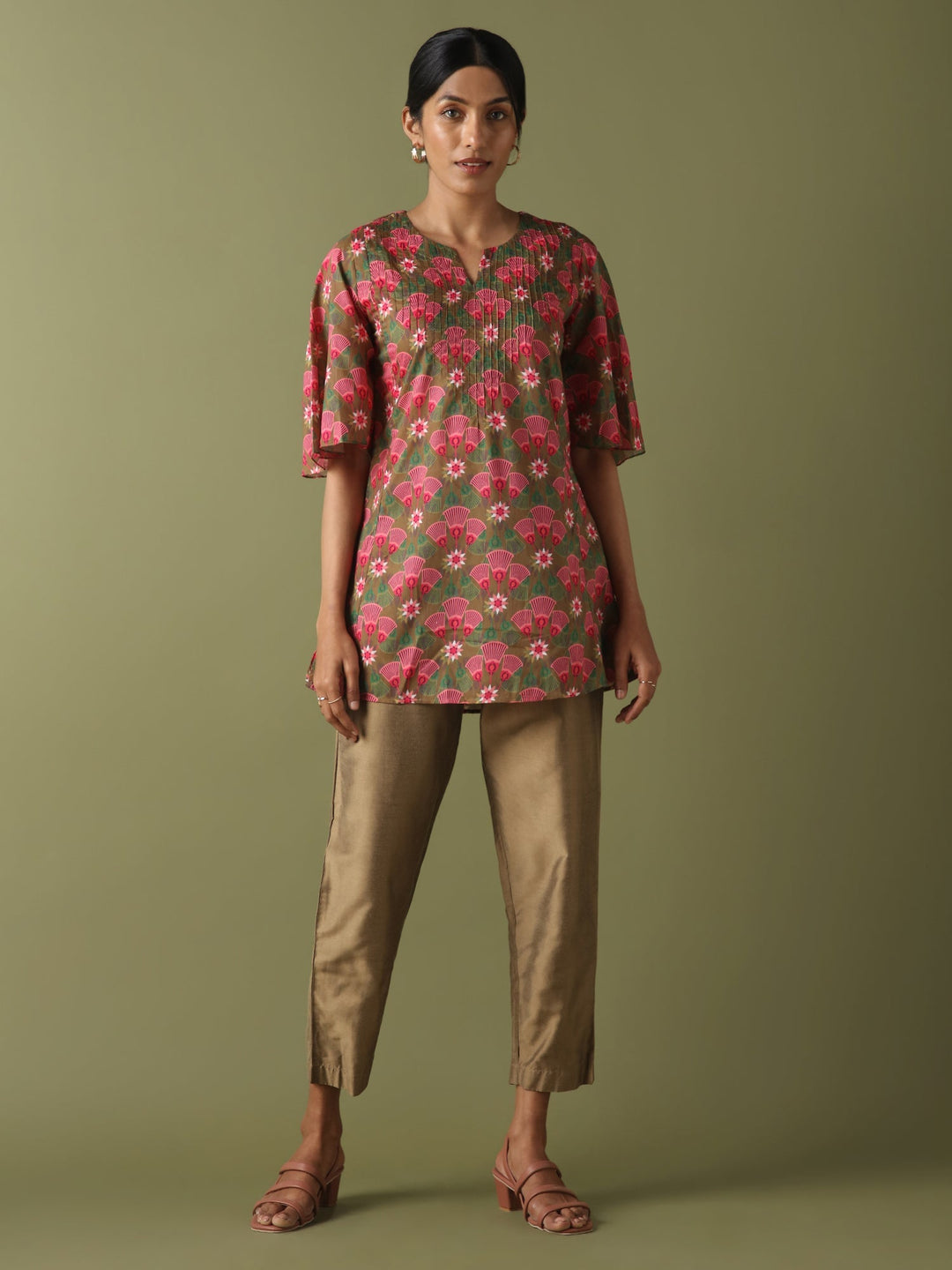 Dhwani Choksi Printed Pin Tucks Tunic - Olive - Suspire