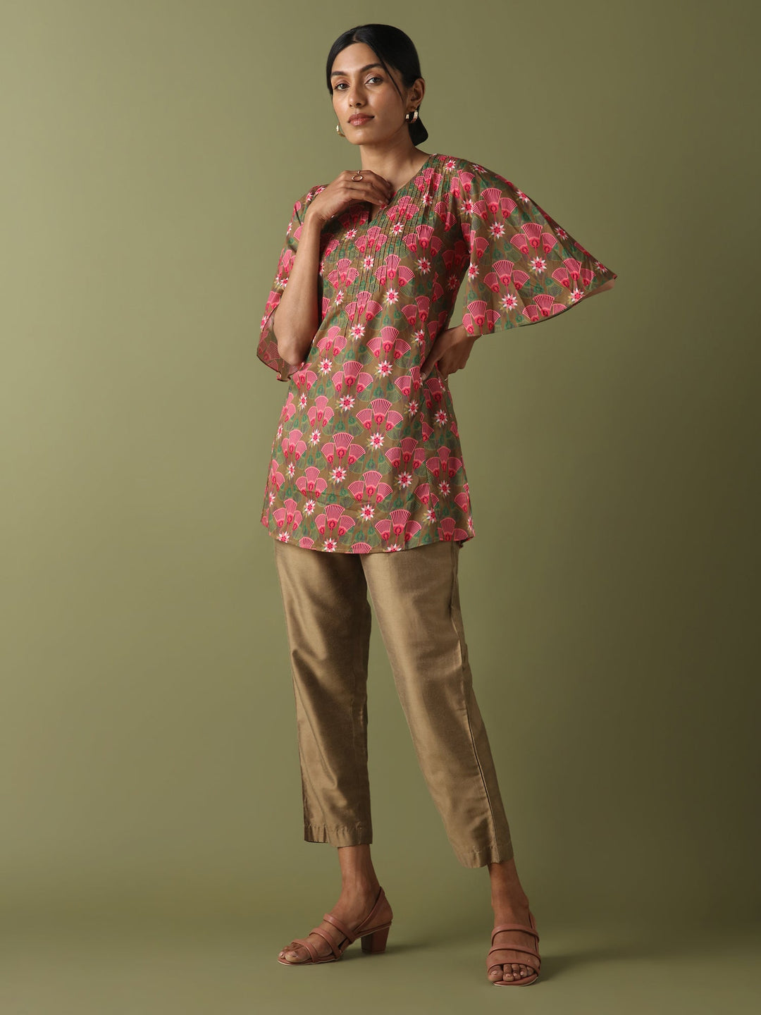 Dhwani Choksi Printed Pin Tucks Tunic - Olive - Suspire