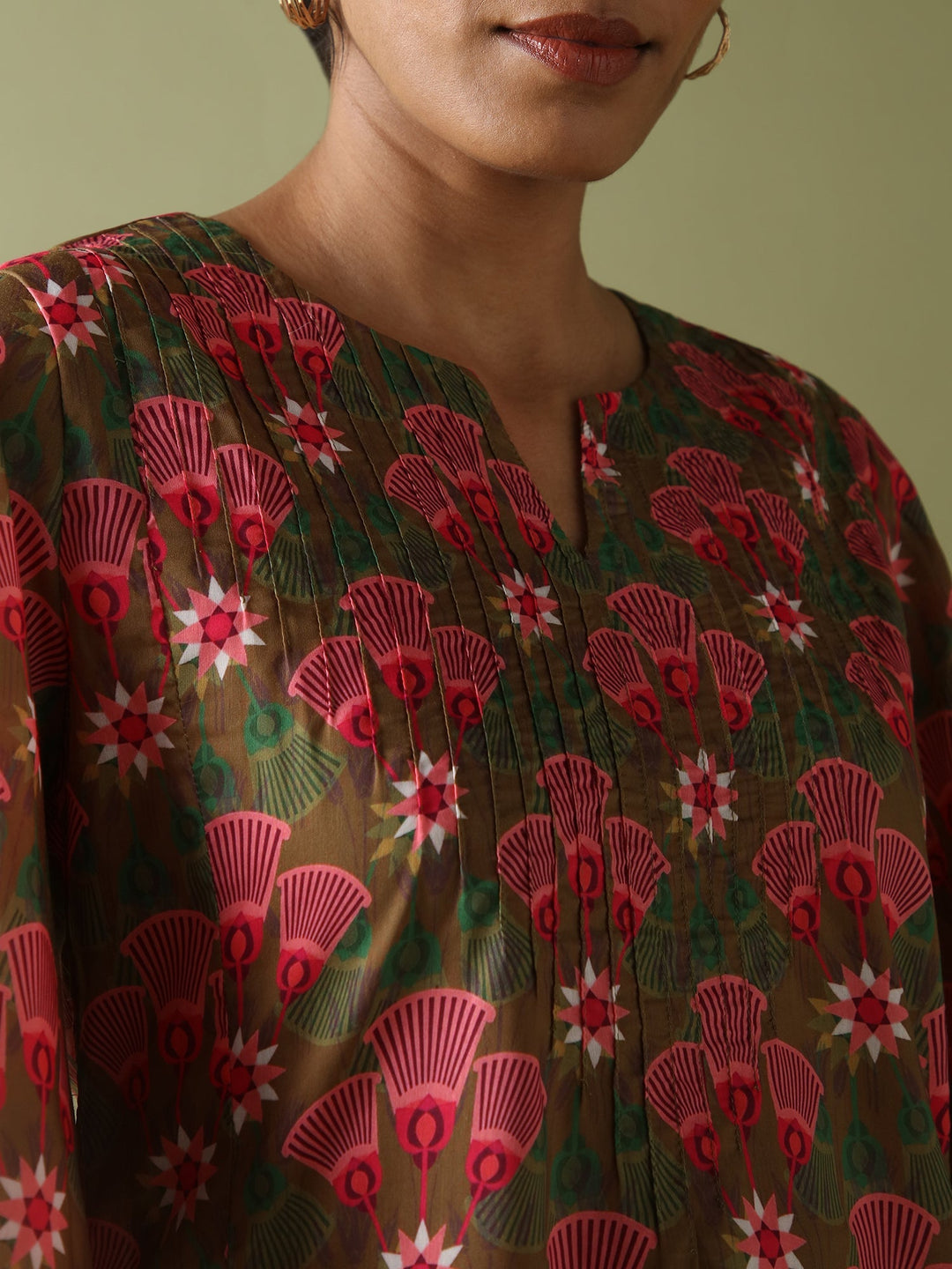 Dhwani Choksi Printed Pin Tucks Tunic - Olive - Suspire