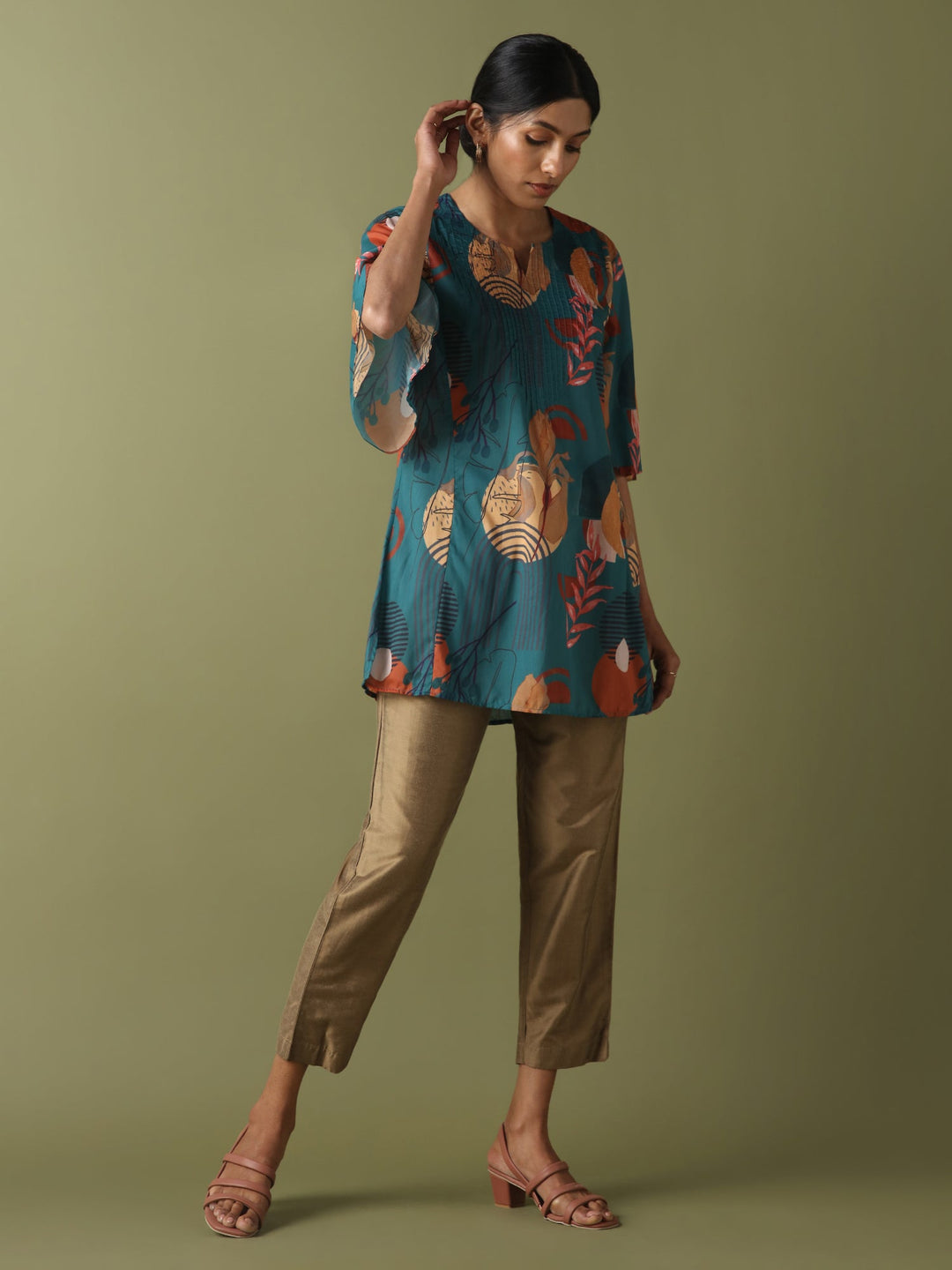 Dhwani Choksi Printed Pin Tucks Tunic - Teal - Suspire