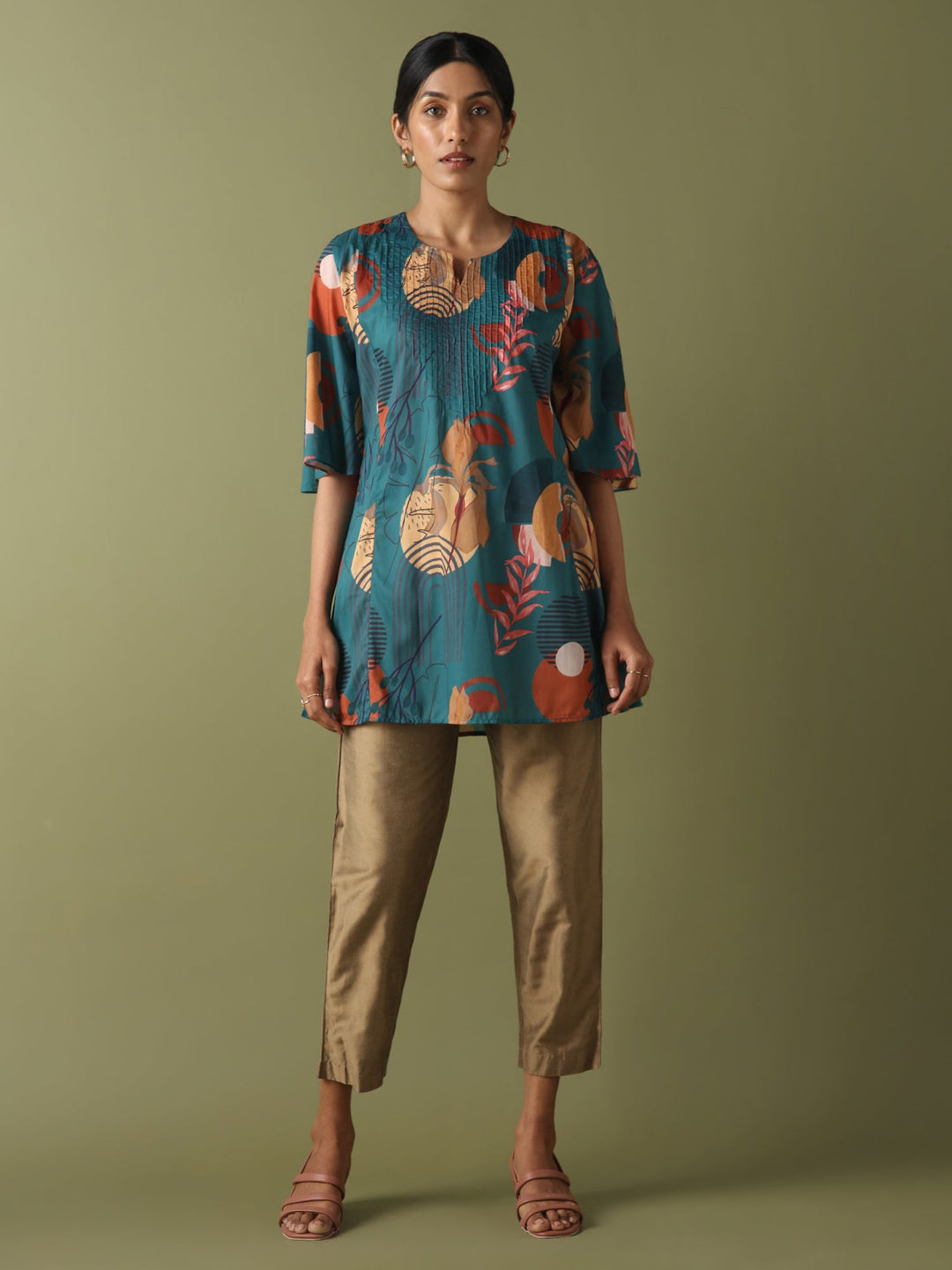 Dhwani Choksi Printed Pin Tucks Tunic - Teal - Suspire