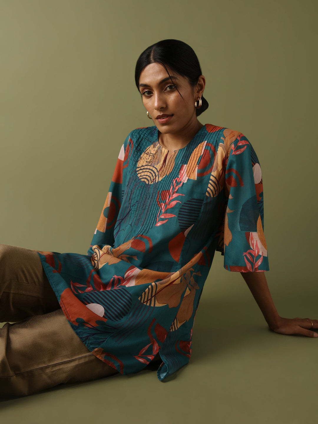 Dhwani Choksi Printed Pin Tucks Tunic - Teal - Suspire