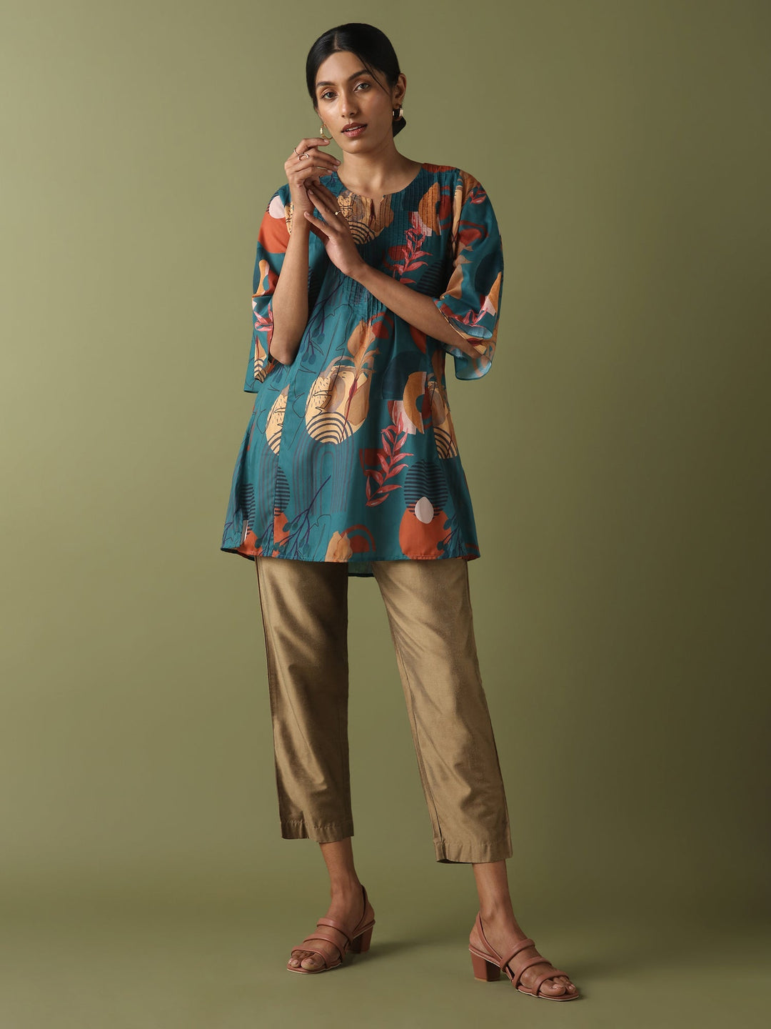 Dhwani Choksi Printed Pin Tucks Tunic - Teal - Suspire