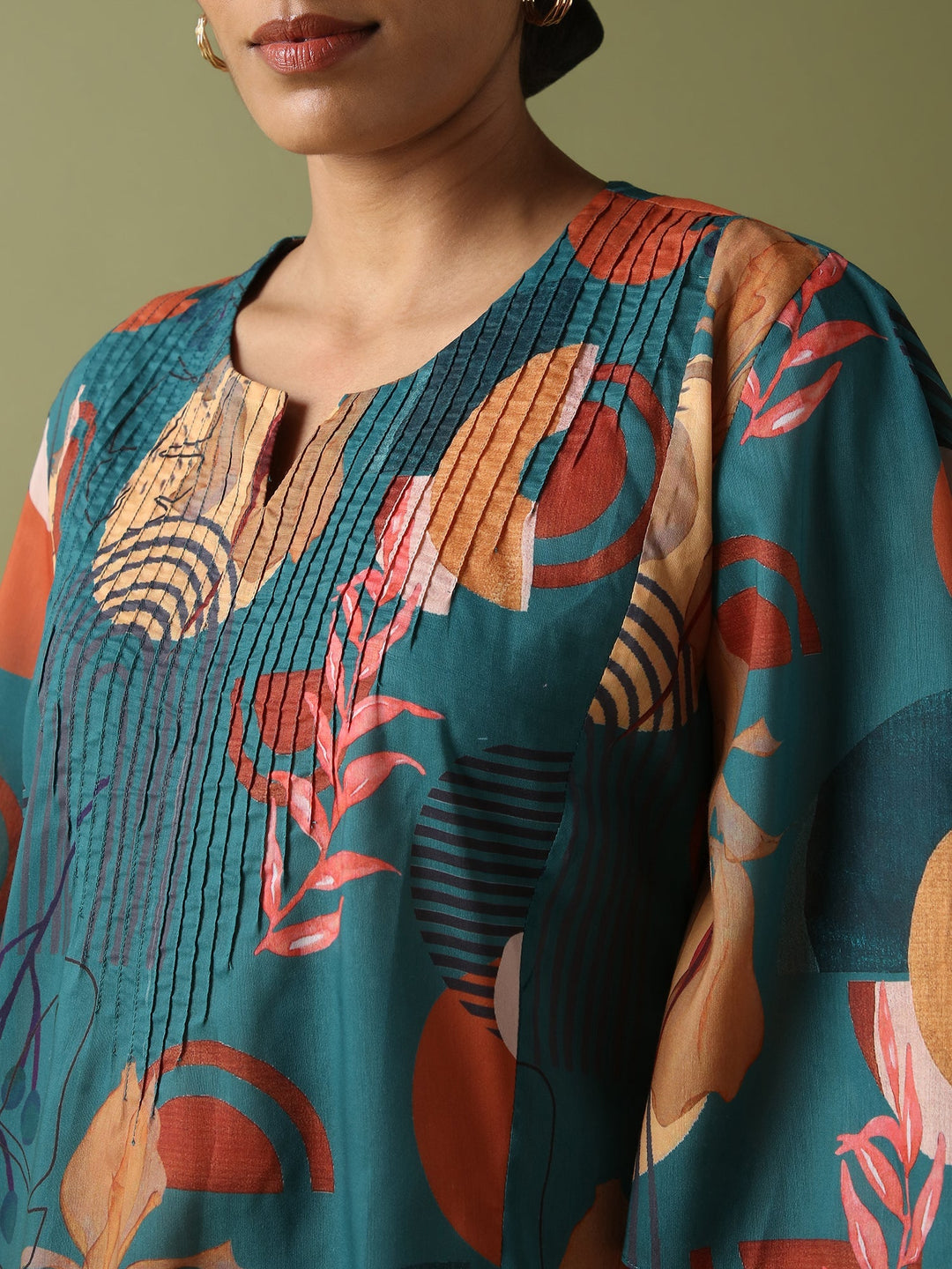Dhwani Choksi Printed Pin Tucks Tunic - Teal - Suspire