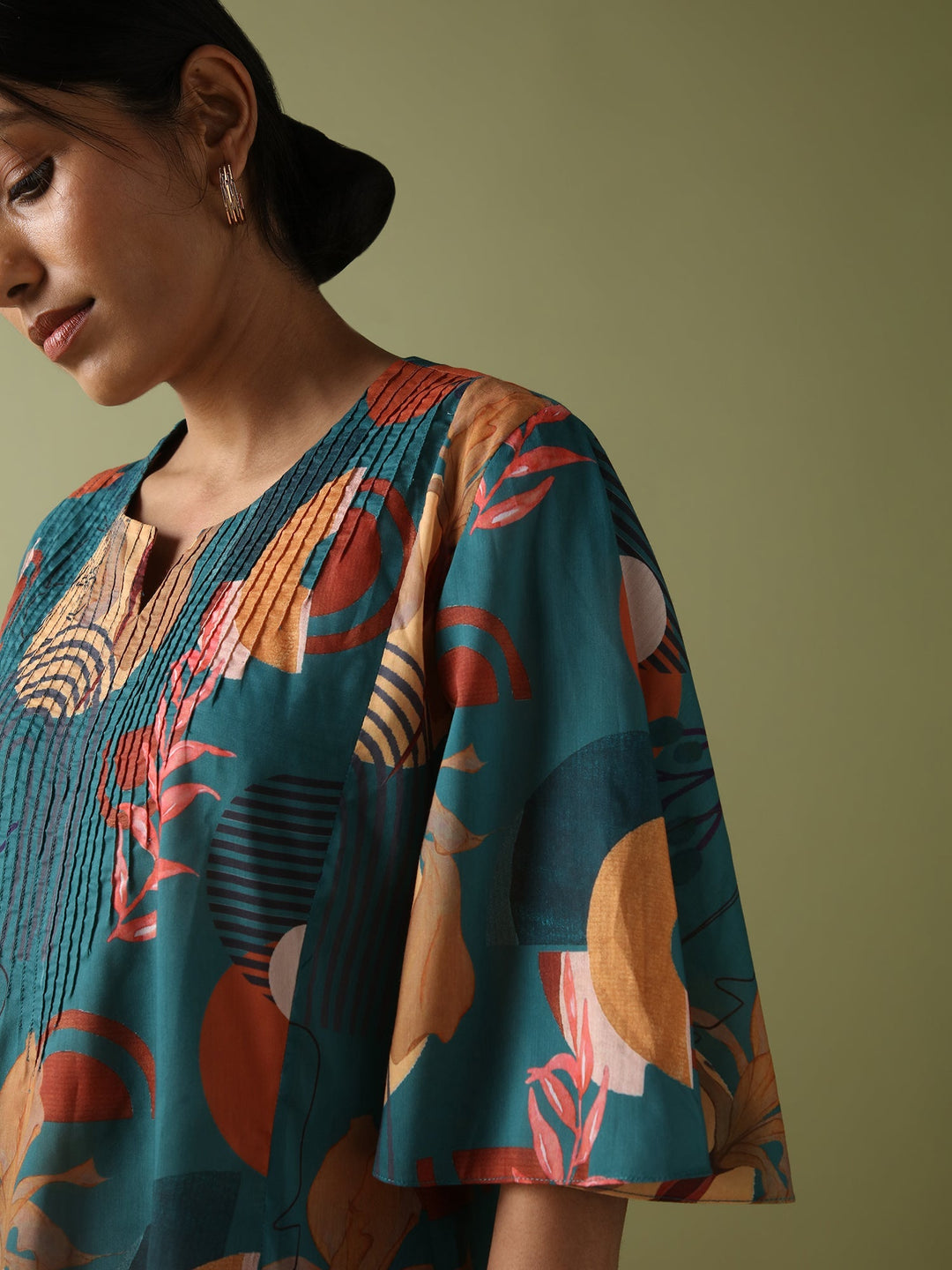 Dhwani Choksi Printed Pin Tucks Tunic - Teal - Suspire