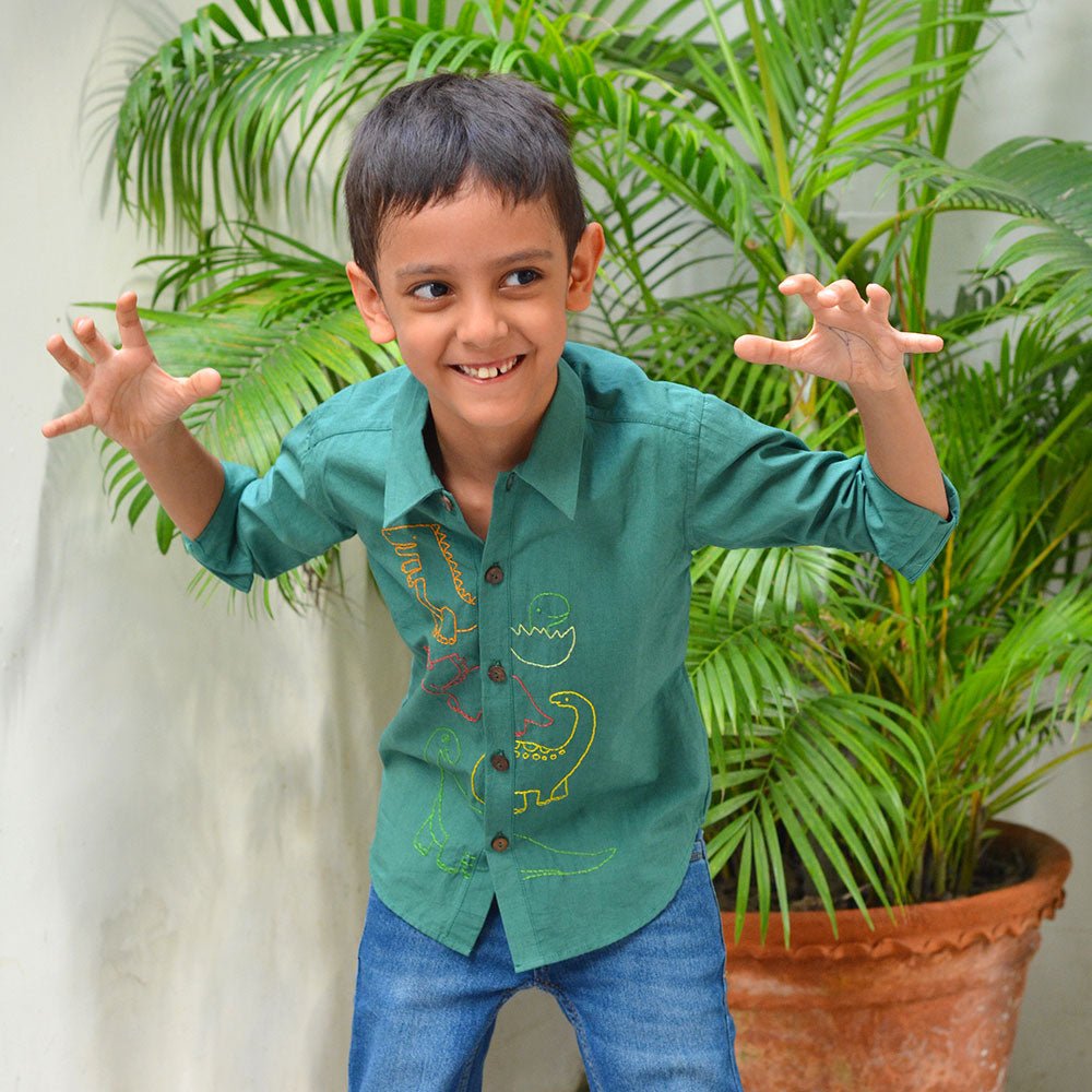 Dinosaurs Embroidered Shirt - Bottle Green - Suspire