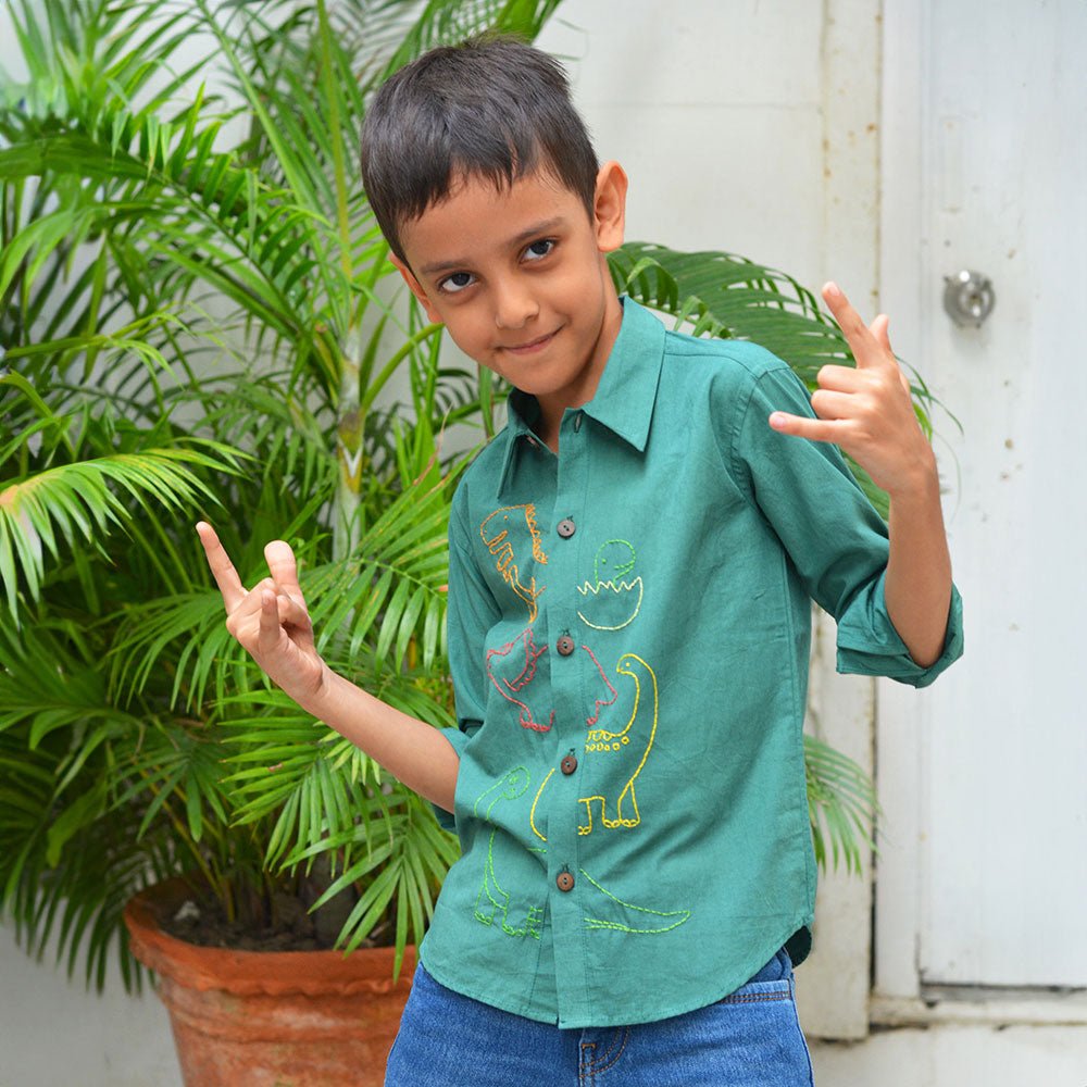 Dinosaurs Embroidered Shirt - Bottle Green - Suspire