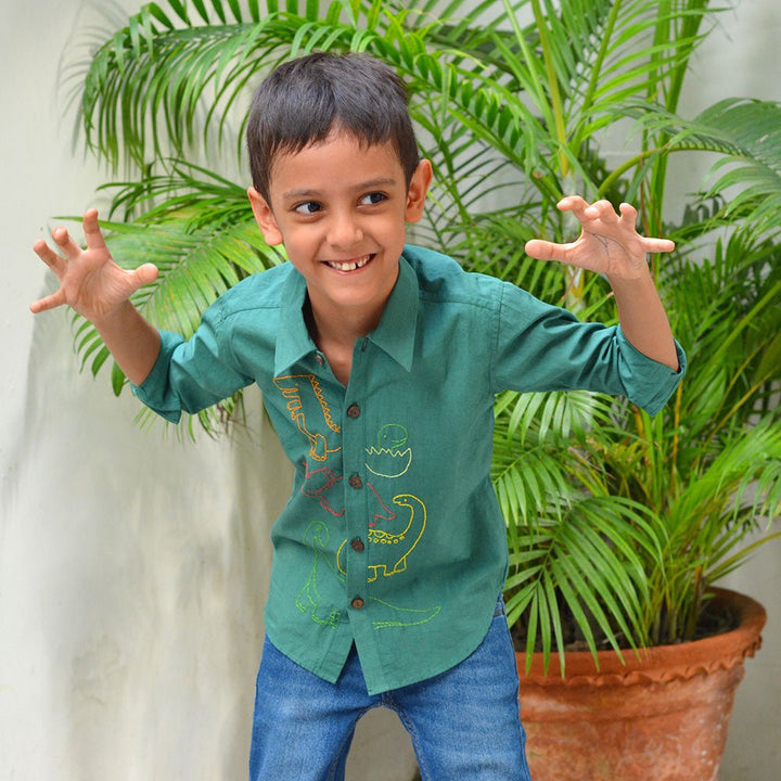 Dinosaurs Embroidered Shirt - Bottle Green - Suspire