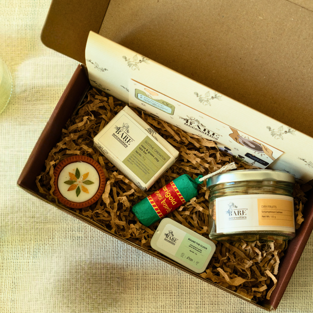 Bare Necessities Glow & Pamper Diwali Skincare Gift Set for Women & Men | Handcrafted Luxury Diwali Gift Hamper | Pampering Gift for all Occasions | Skincare set with Solid Perfume & Organic Rose & Green Clay Soap | Premium Diwali Skin Care Kit