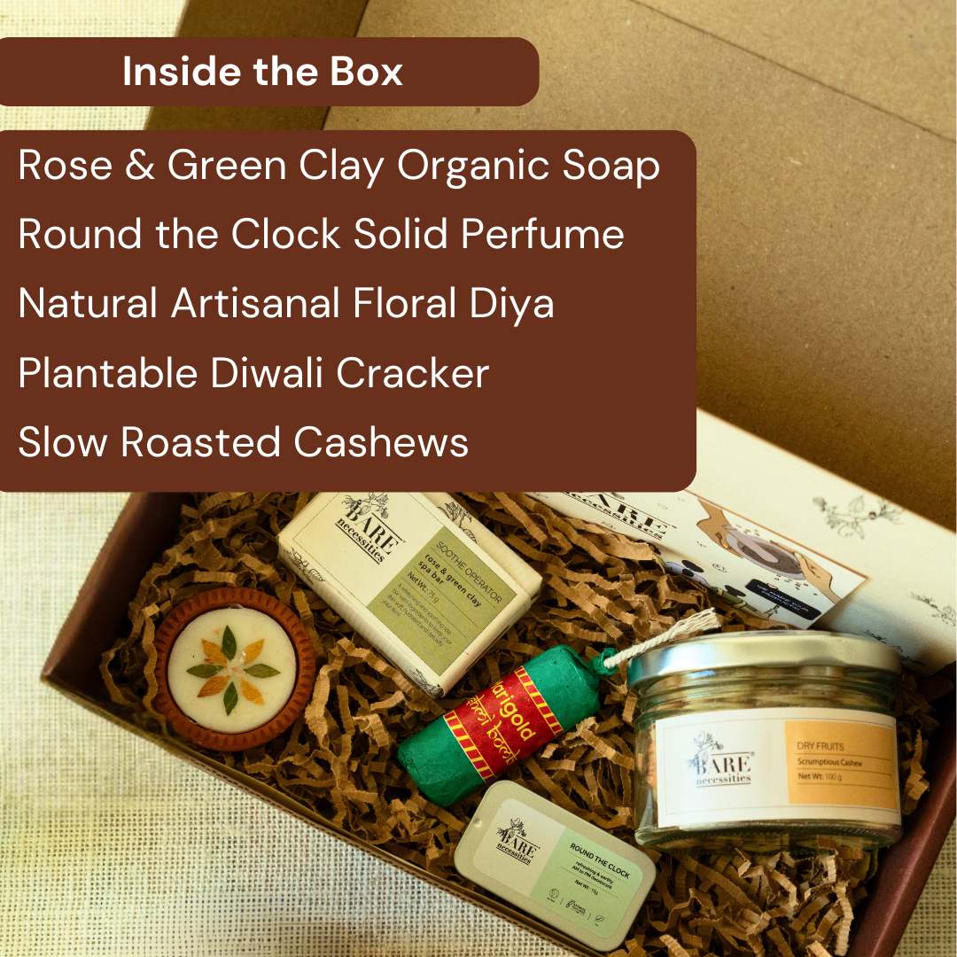 Bare Necessities Glow & Pamper Diwali Skincare Gift Set for Women & Men | Handcrafted Luxury Diwali Gift Hamper | Pampering Gift for all Occasions | Skincare set with Solid Perfume & Organic Rose & Green Clay Soap | Premium Diwali Skin Care Kit