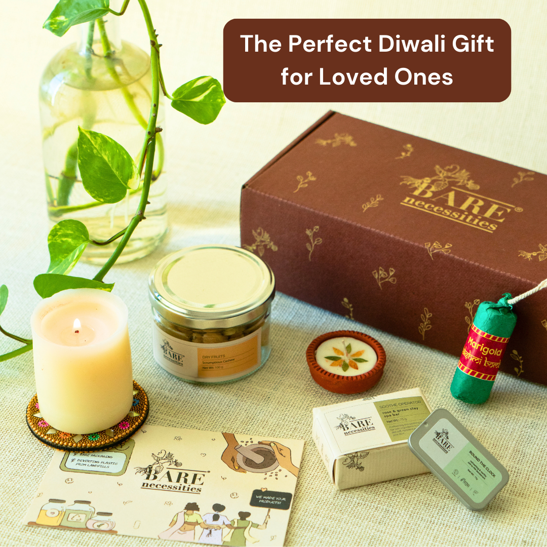 Bare Necessities Glow & Pamper Diwali Skincare Gift Set for Women & Men | Handcrafted Luxury Diwali Gift Hamper | Pampering Gift for all Occasions | Skincare set with Solid Perfume & Organic Rose & Green Clay Soap | Premium Diwali Skin Care Kit
