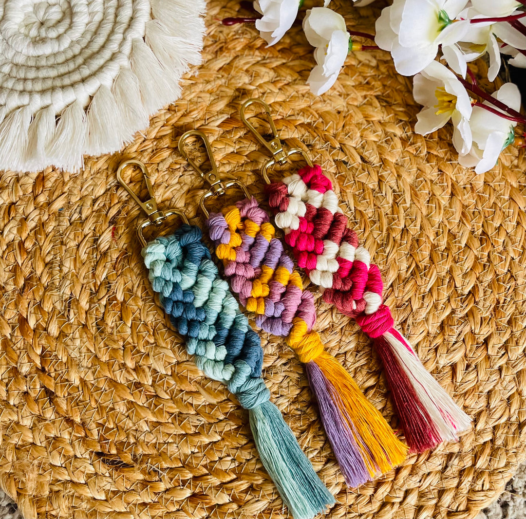 SUTRAM Handmade Macrame Sutram 3 Pieces Macrame Keychains I Macrame Bag Charms With Tassels I Handmade Accessory For Car Key Purse I Boho Gift For Girls (Multicolor)
