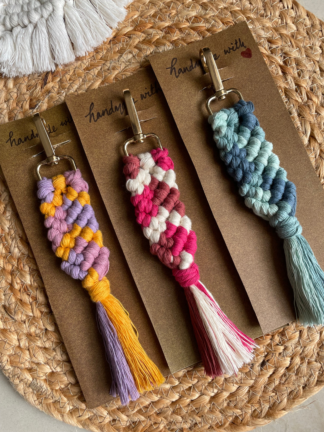 SUTRAM Handmade Macrame Sutram 3 Pieces Macrame Keychains I Macrame Bag Charms With Tassels I Handmade Accessory For Car Key Purse I Boho Gift For Girls (Multicolor)