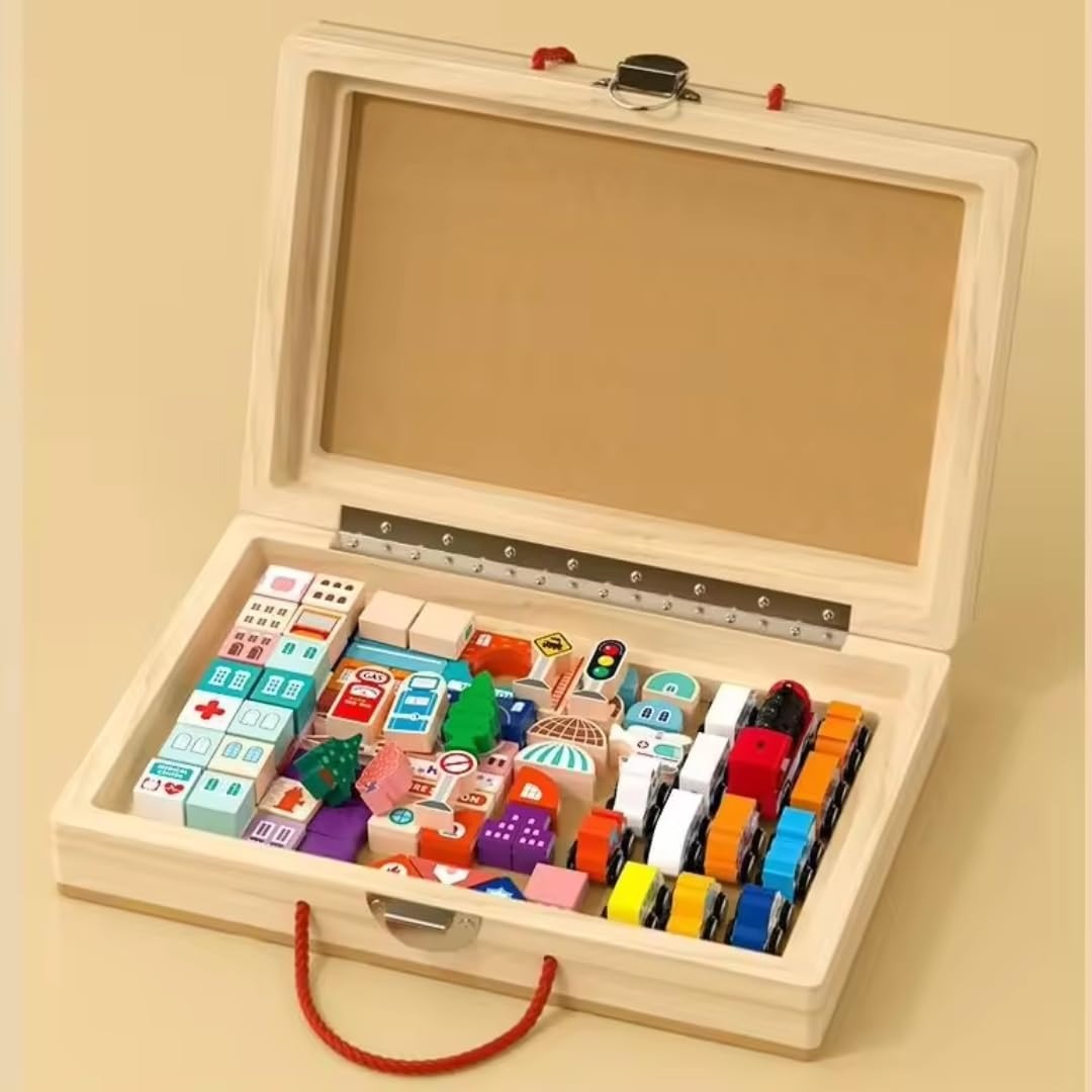 Wudly - Wooden Building Blocks Set, Electric Train City Construction Stacking Blocks Preschool Learning Educational Toys,Wooden Take-Along Tabletop Railroad Play Set for 3+ Years old kids, Child Safe Certified, Multi colors.