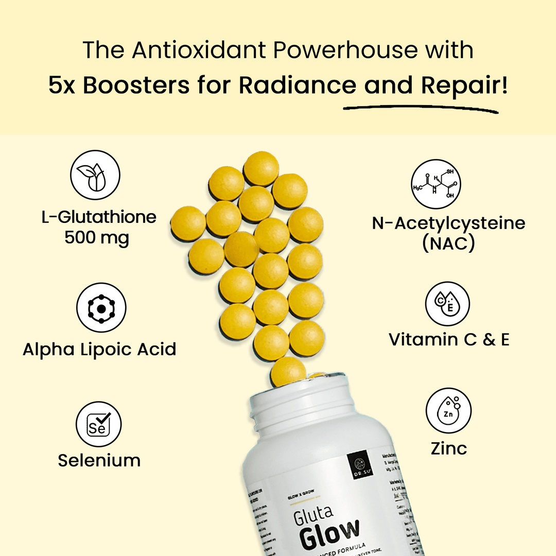 Buy Dr. Su Gluta Glow Supplement | 500mg L-Glutathione with Vitamin C, E, Zinc, Selenium & NAC | For Pigmentation, Dull & UV-Damaged Skin | 2 Tablets/Day | 60 Capsules | Skin Buy Dr. Su Gluta Glow Supplement | 500mg L-Glutathione with Vitamin C, E, Zinc, Selenium & NAC | For Pigmentation, Dull & UV-Damaged Skin | 2 Tablets/Day | 60 Capsules | Skin