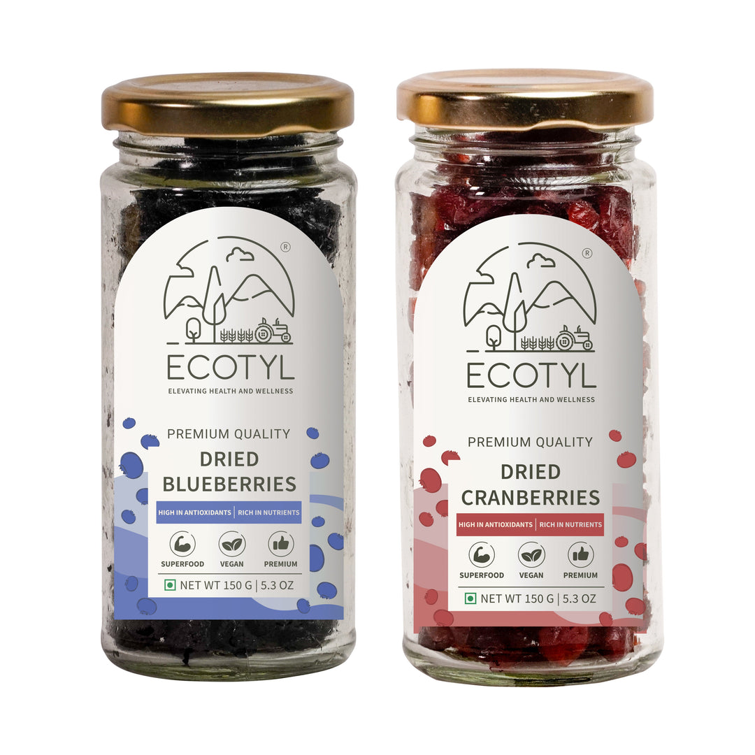 Ecotyl Dried Blueberries & Dried Cranberries Combo | Healthy Snacks | Dried Fruits | 150g Each