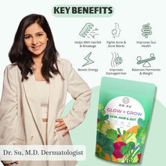 Dr.Su 6-In-1 Supplement Powder | Clear Skin, Strong Hair & Healthy Gut | With Vitamins, Minerals, Antioxidants, Probiotics, Fiber & Adaptogens | Lemon Mint | Sugar-Free
