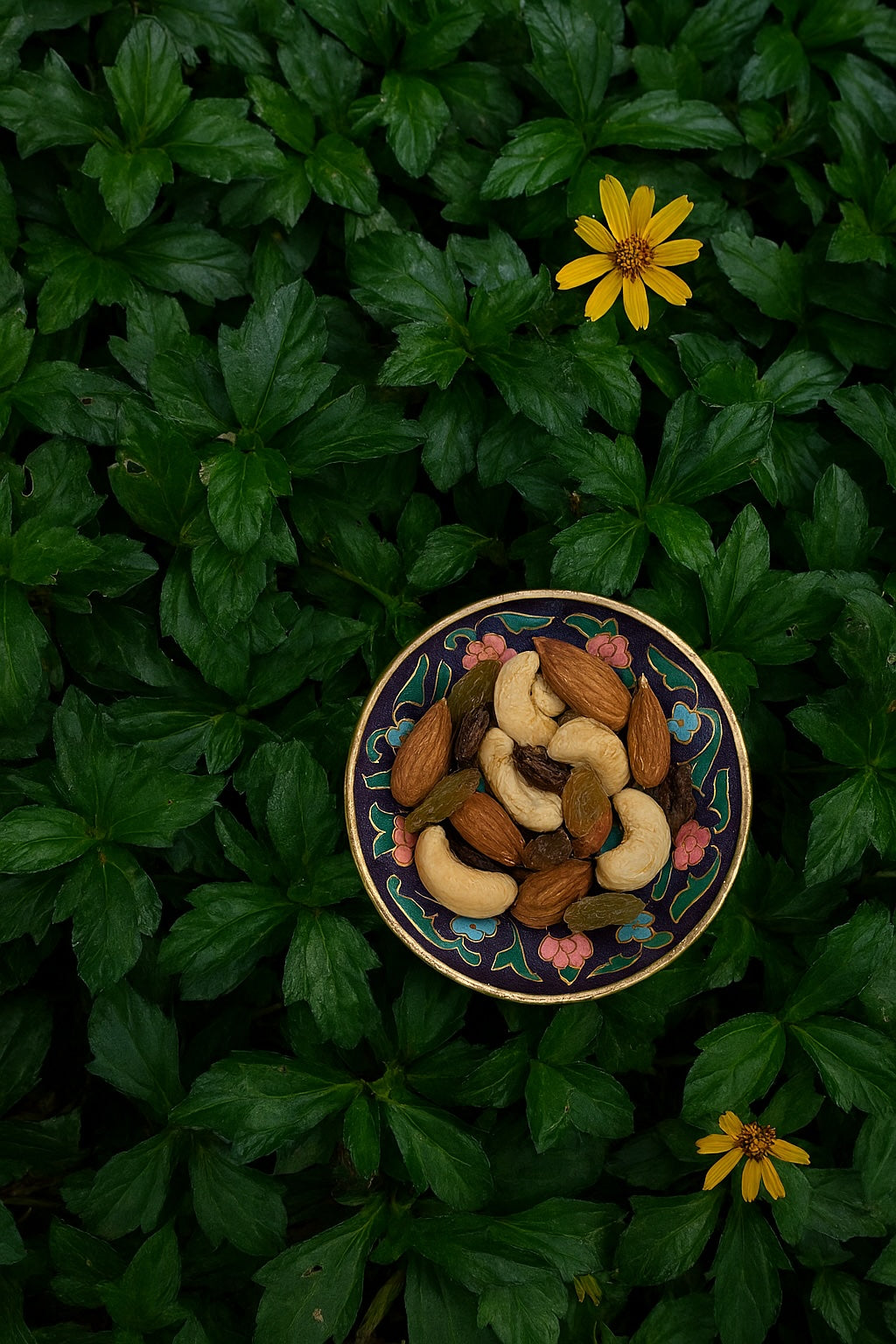 Decorative bowl of almonds, cashews, and raisins on green leaves – nutritious festive snack from Zen Ya Rakhi wellness gift box.