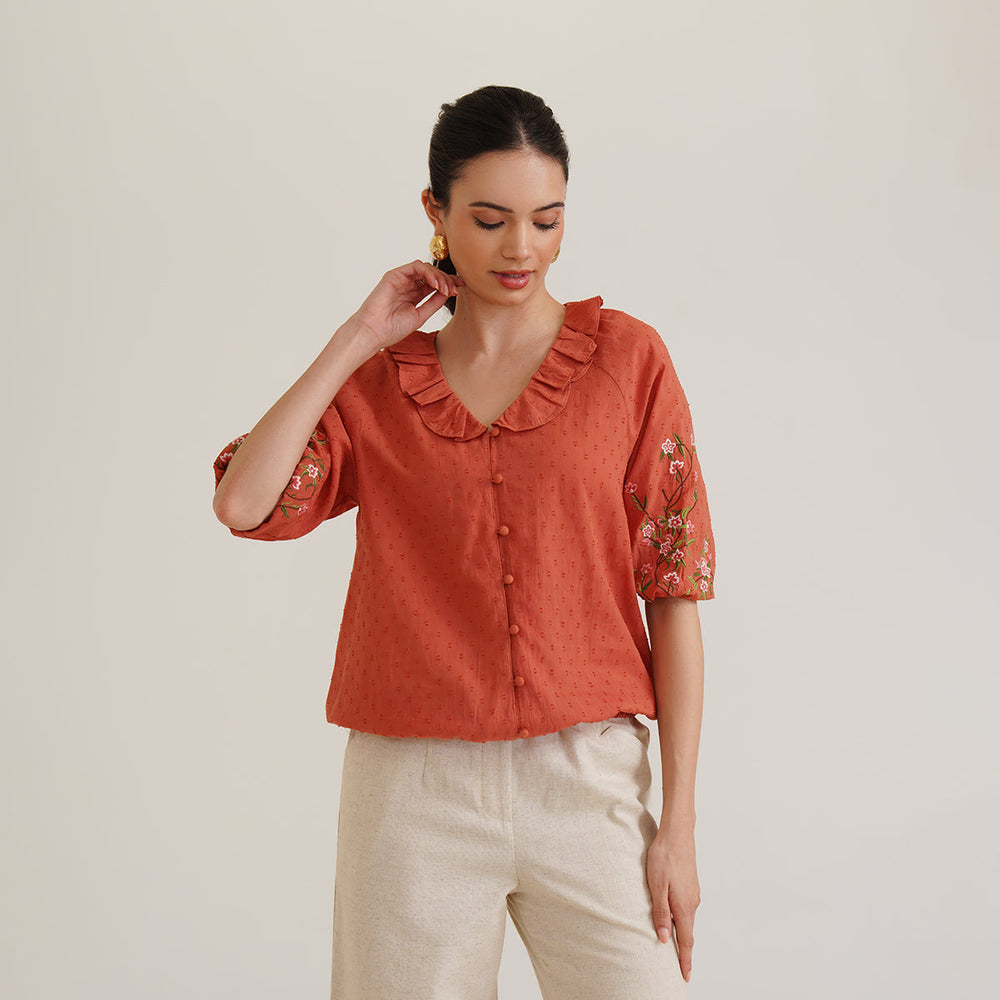B77 FIONA Embroidered Organic Cotton Orange Women's Dobby Top