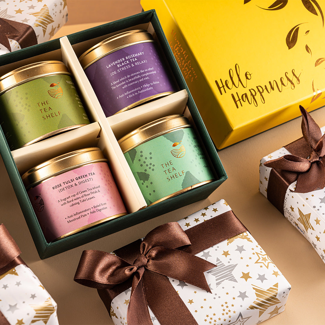 The Tea Shelf Hello Happiness - Tea Gift Box | Pack of 4 | 30 Grams Each