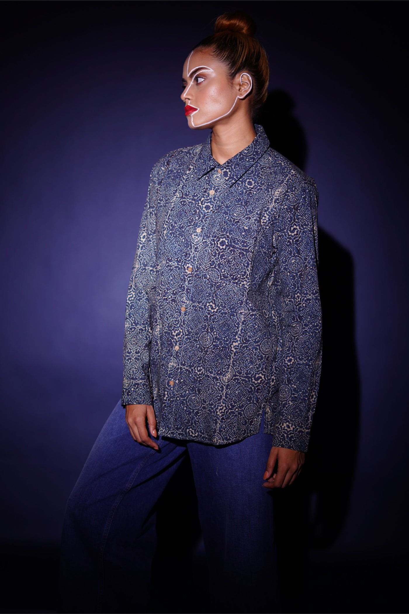 Hand block printed Ajrakh silver lining everywhere shirt for women