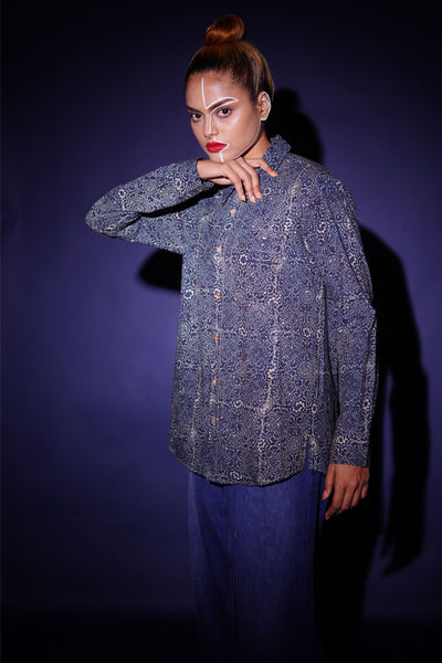 Hand block printed Ajrakh silver lining everywhere shirt for women