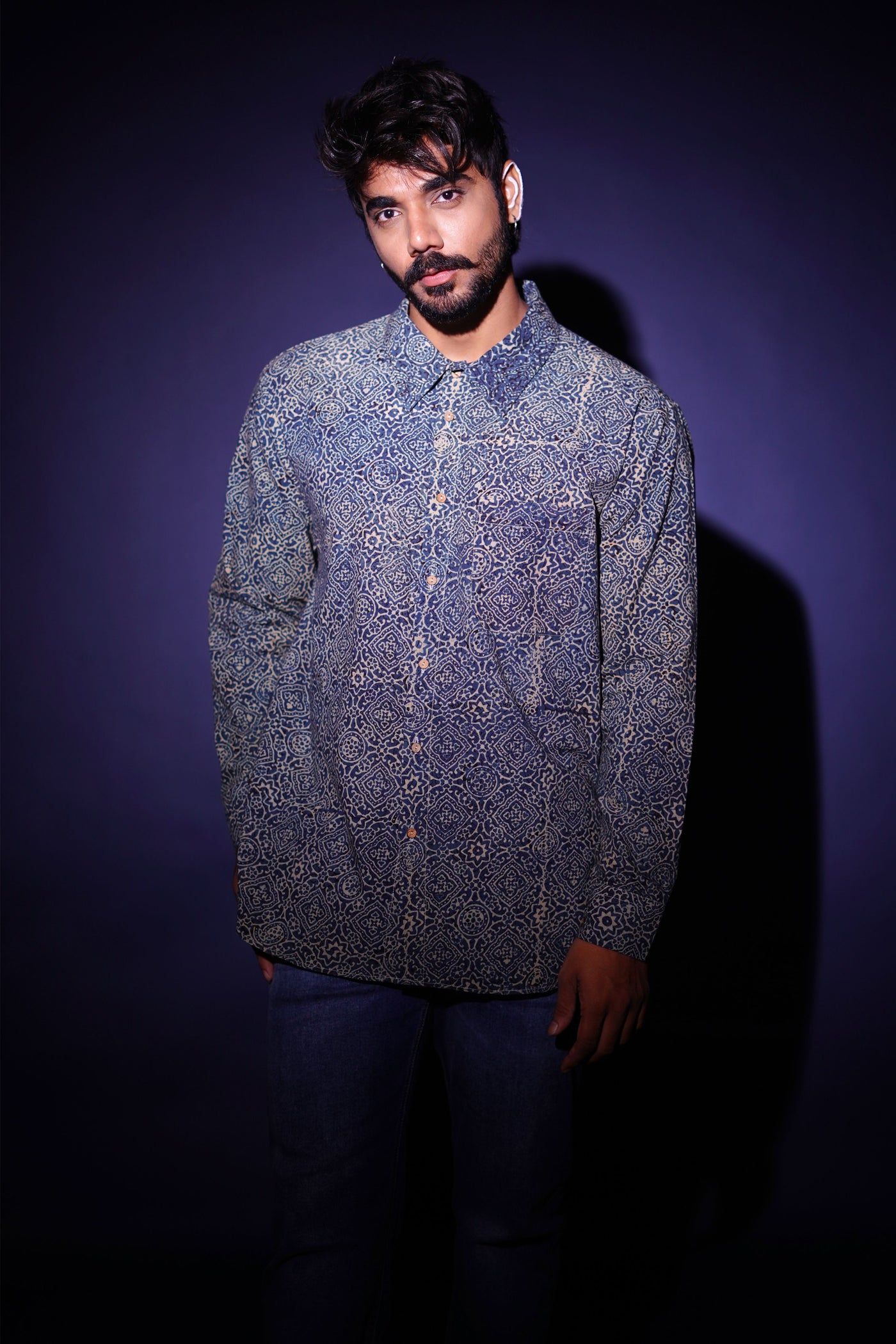 Hand block printed Ajrakh silver lining everywhere shirt for men