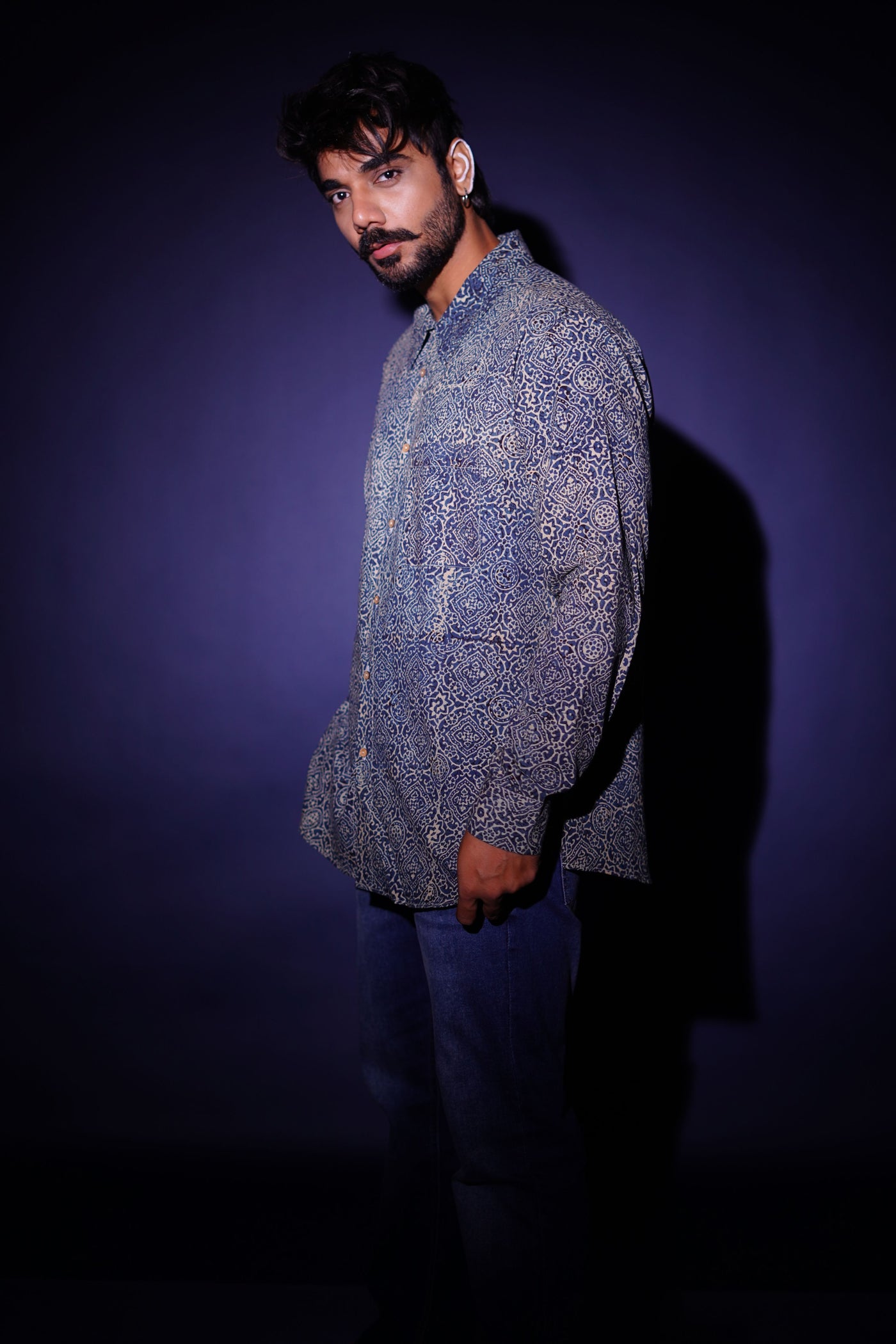 Hand block printed Ajrakh silver lining everywhere shirt for men