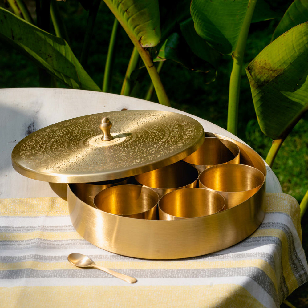 Araana Home Ta'attur Brass Spice Box with 7 Bowls Inside