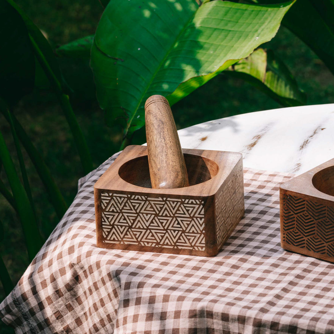 Araana Home Trikon Okhli Engraved Wooden Mortar Pestle Set