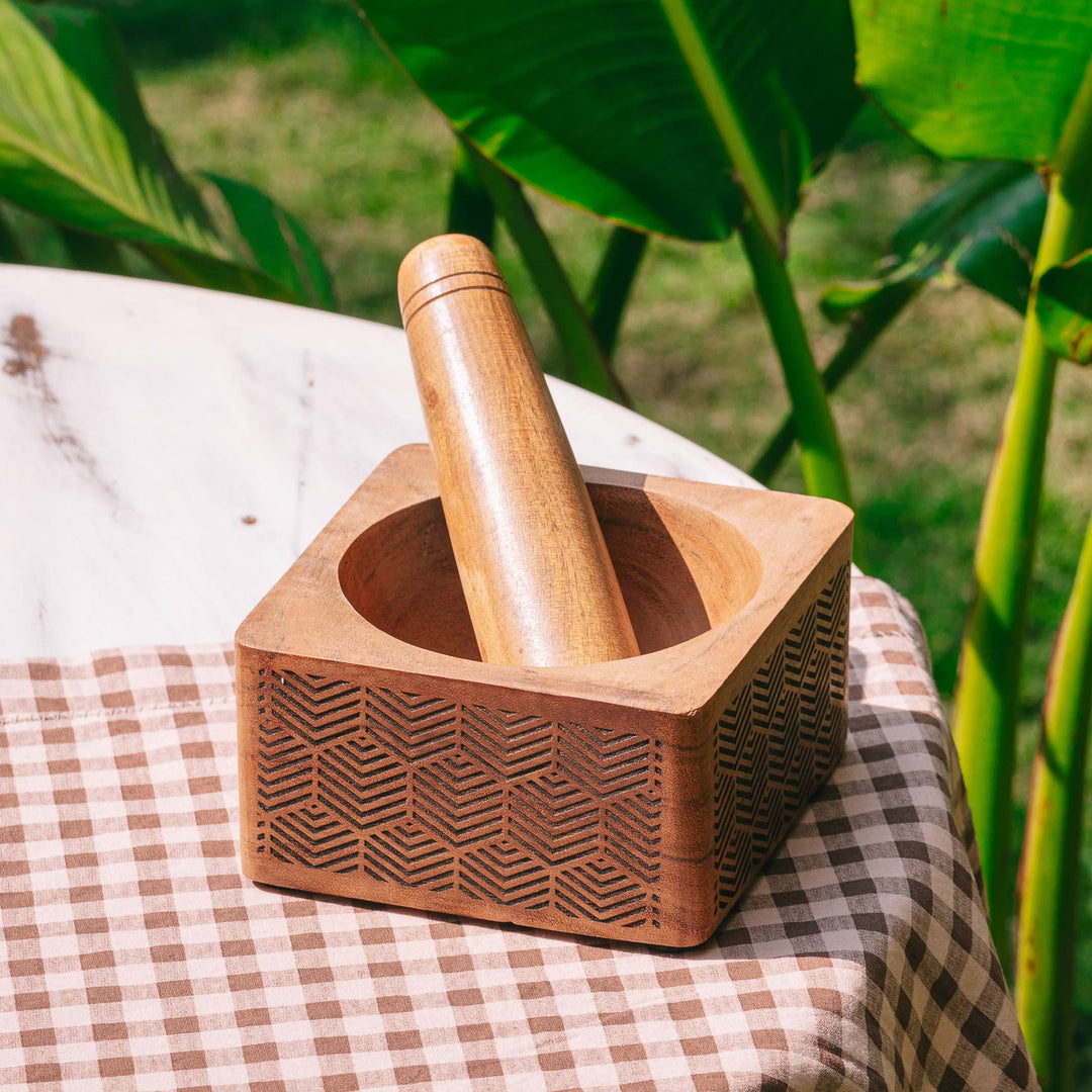 Araana Home Okhli Engraved Wooden Mortar Pestle Set