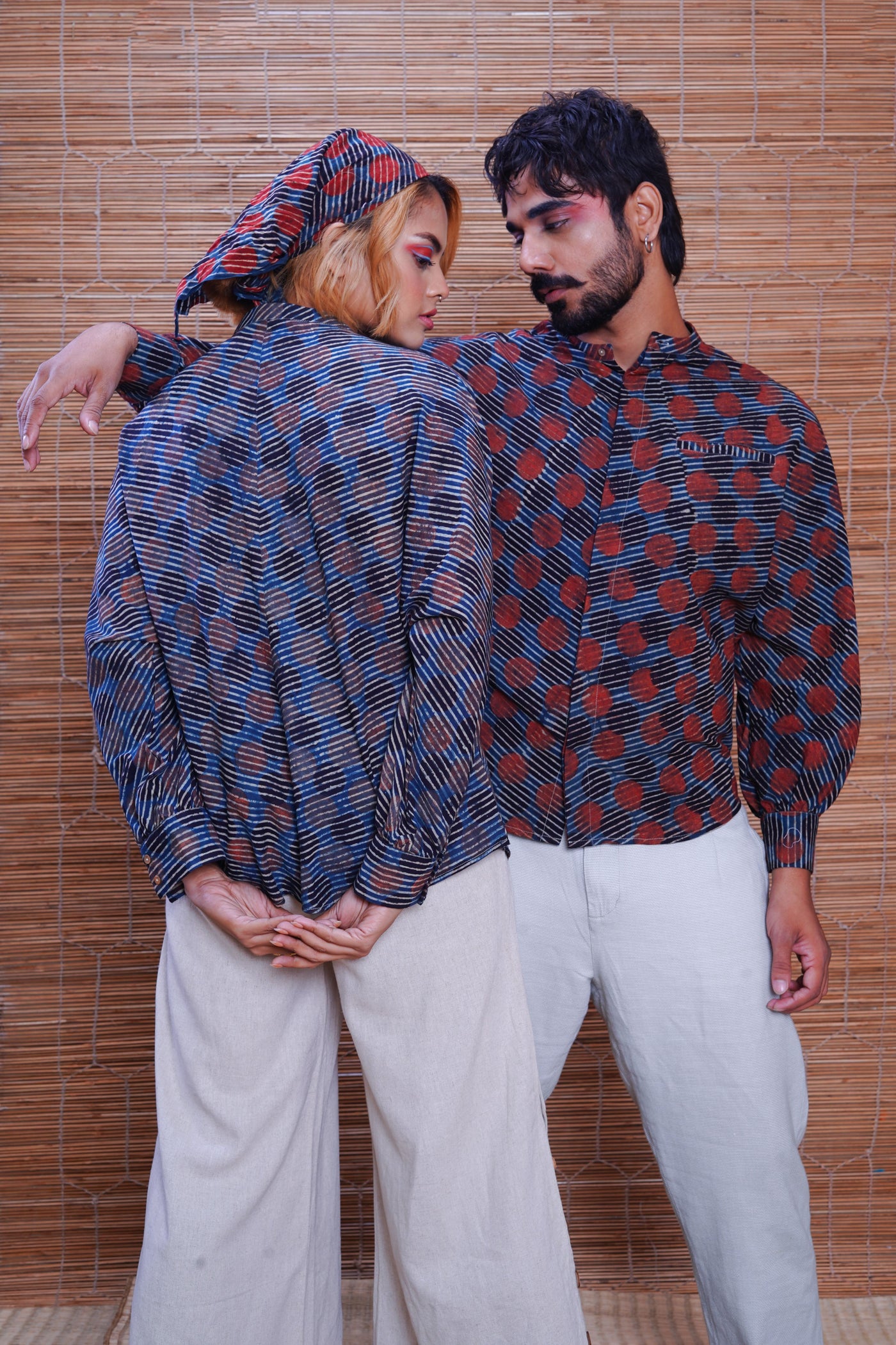 Hand block printed Ajrakh sunset kimono shirt for men