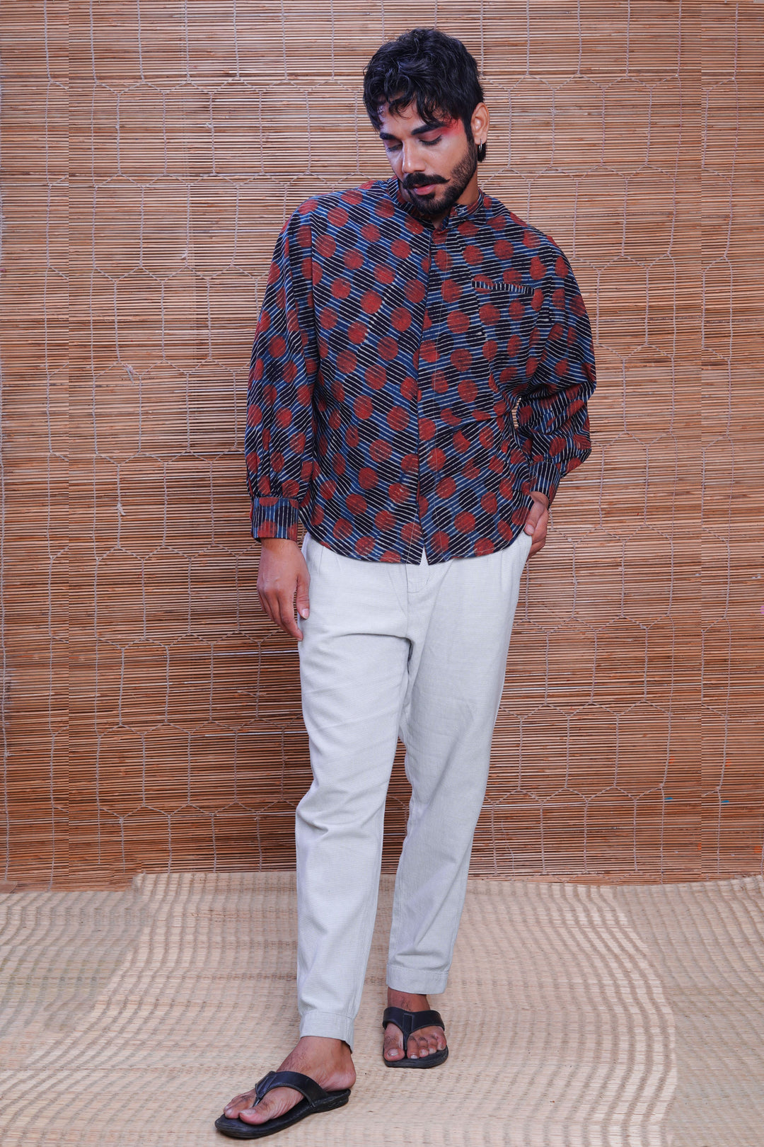 Hand block printed Ajrakh sunset kimono shirt for men