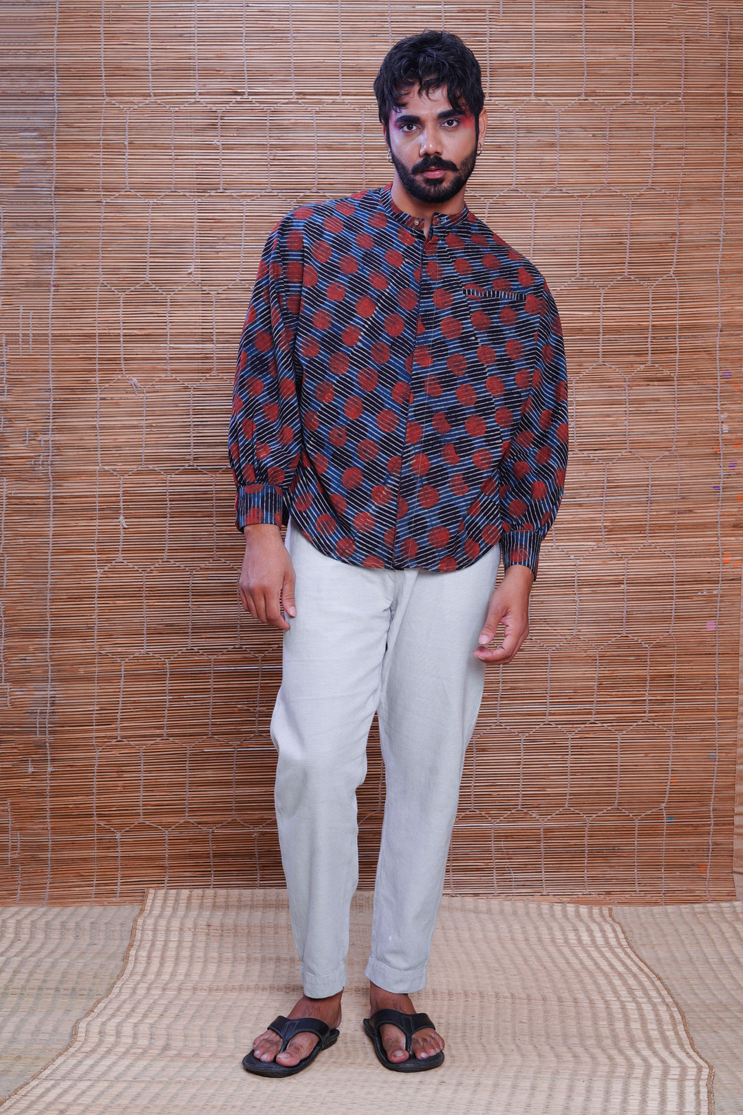 Hand block printed Ajrakh sunset kimono shirt for men