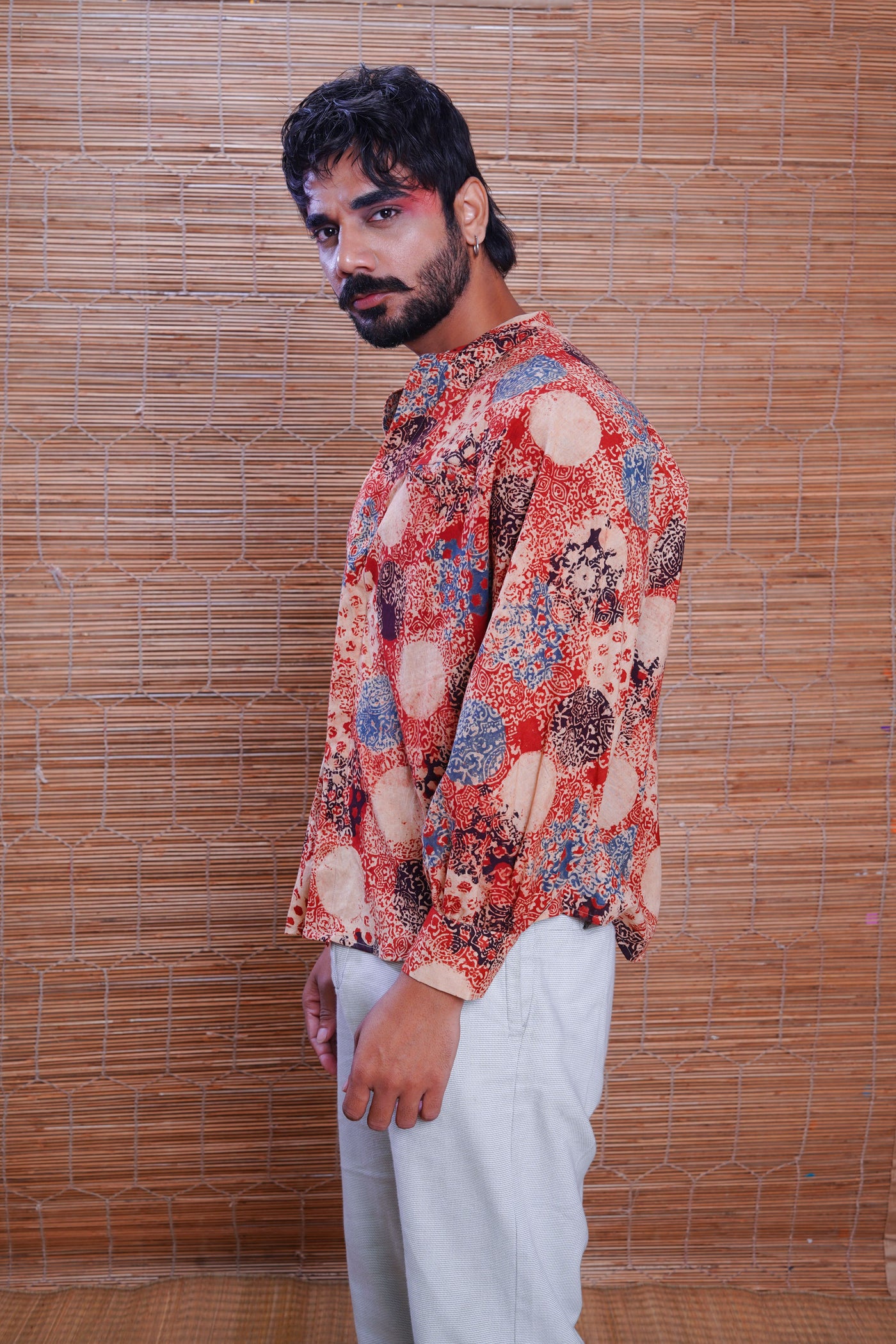 Hand block printed ajrakh alizarine kimono shirt for men