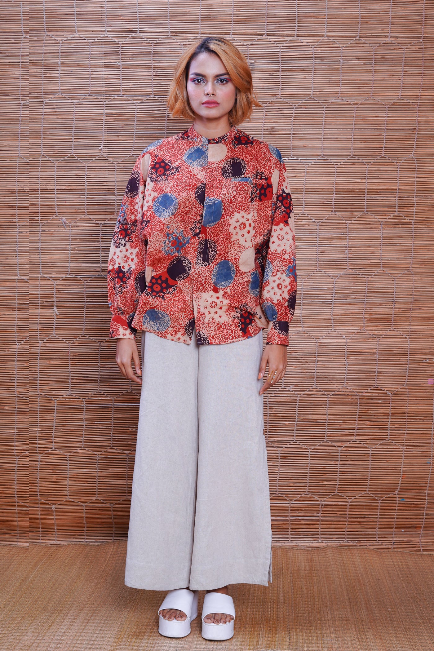 Hand block printed Ajrakh Alizarine kimono shirt for women