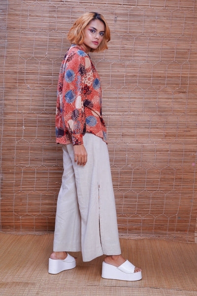 Hand block printed Ajrakh Alizarine kimono shirt for women