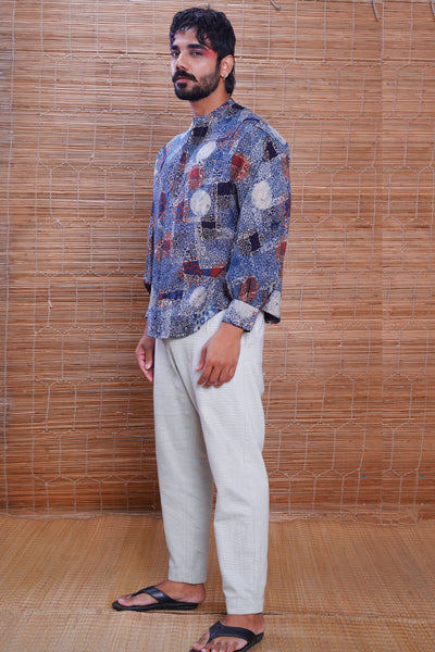 Hand block printed Ajrakh indigo kimono shirt for men