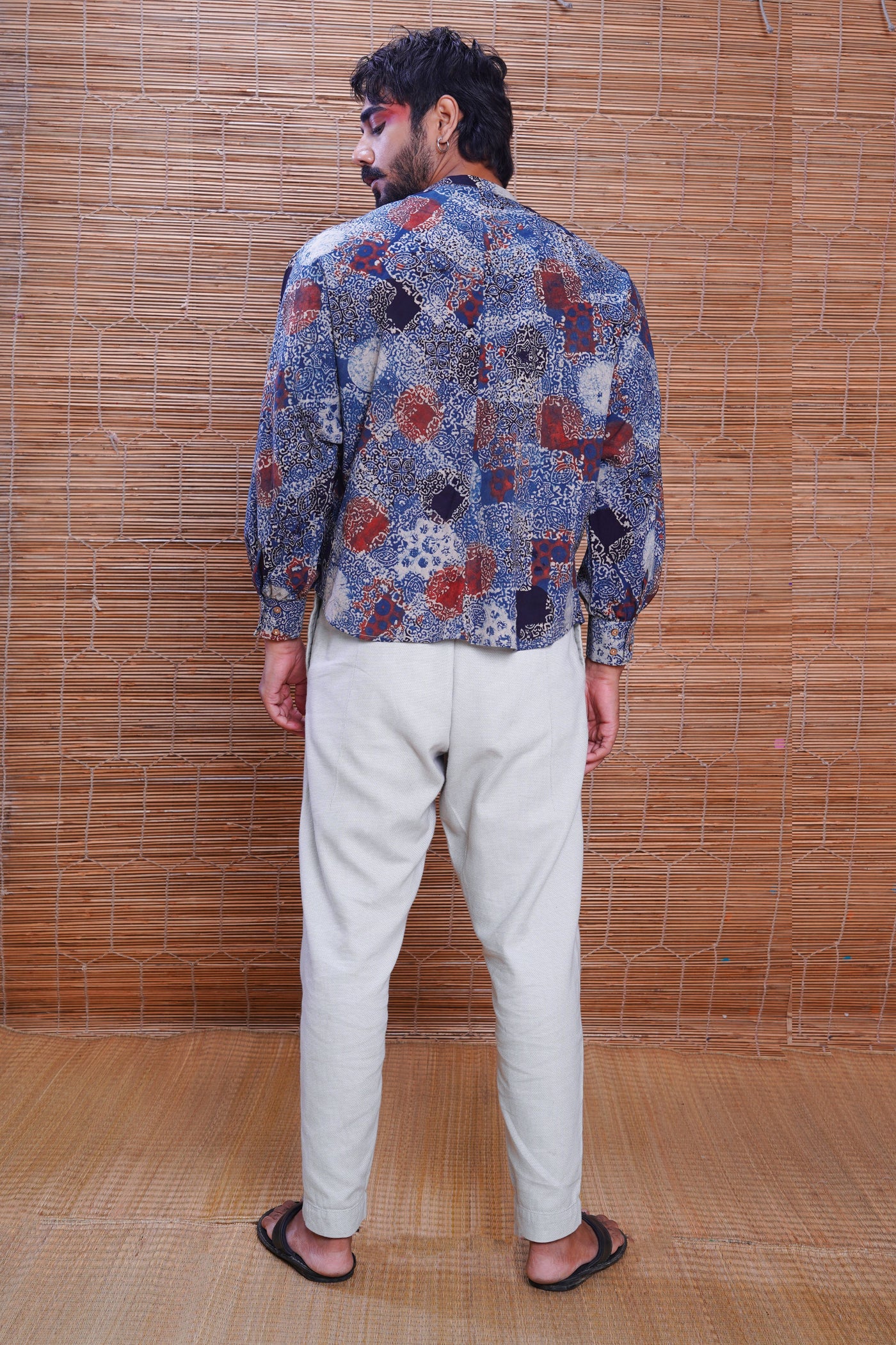 Hand block printed Ajrakh indigo kimono shirt for men