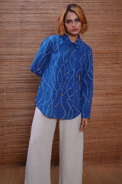 Cotton bandhani indigo grooves everywhere shirt for women