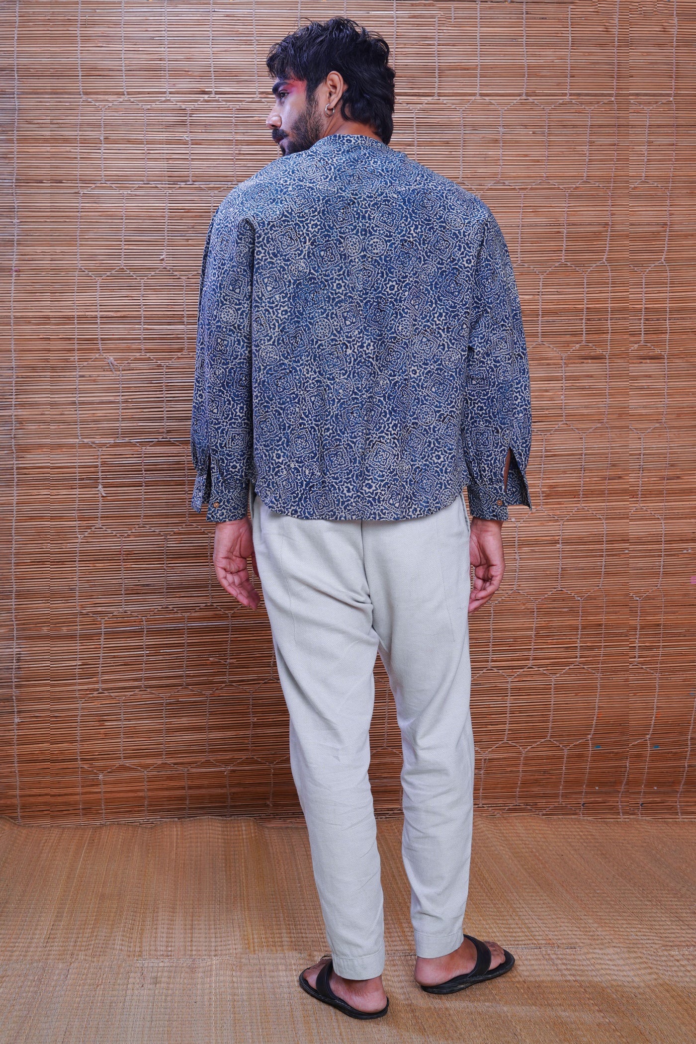Hand block printed Ajrakh silver lining kimono shirt for men