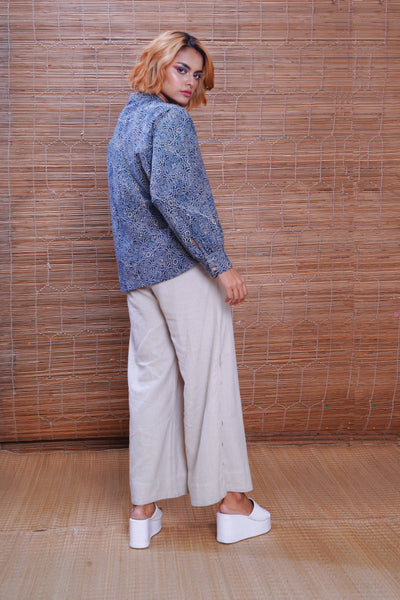 Hand block printed Ajrakh silver lining kimono shirt for women