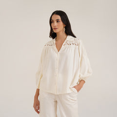 B77 HEKA Stylish Women's Linen Shirt with Cutwork Embroidery