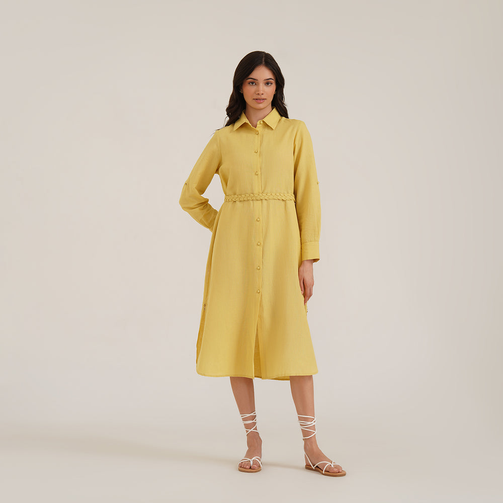 B77 BONA Haldi Yellow Embroidered Linen Women's Shirt Dress