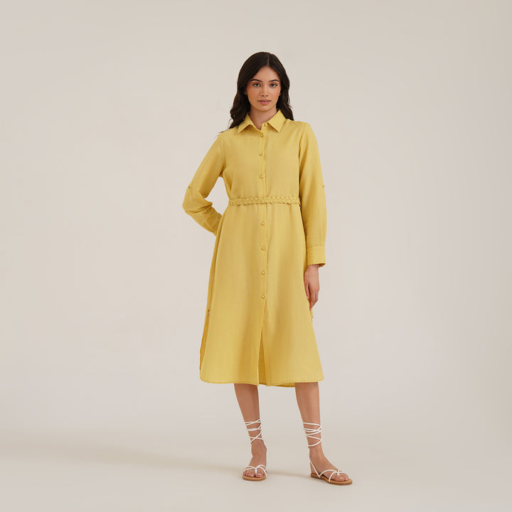 B77 BONA Haldi Yellow Embroidered Linen Women's Shirt Dress